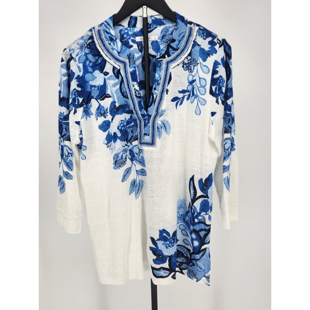 Chicos 100% Linen Floral Beaded Split Neck Tunic Top Blue White Size 1 M